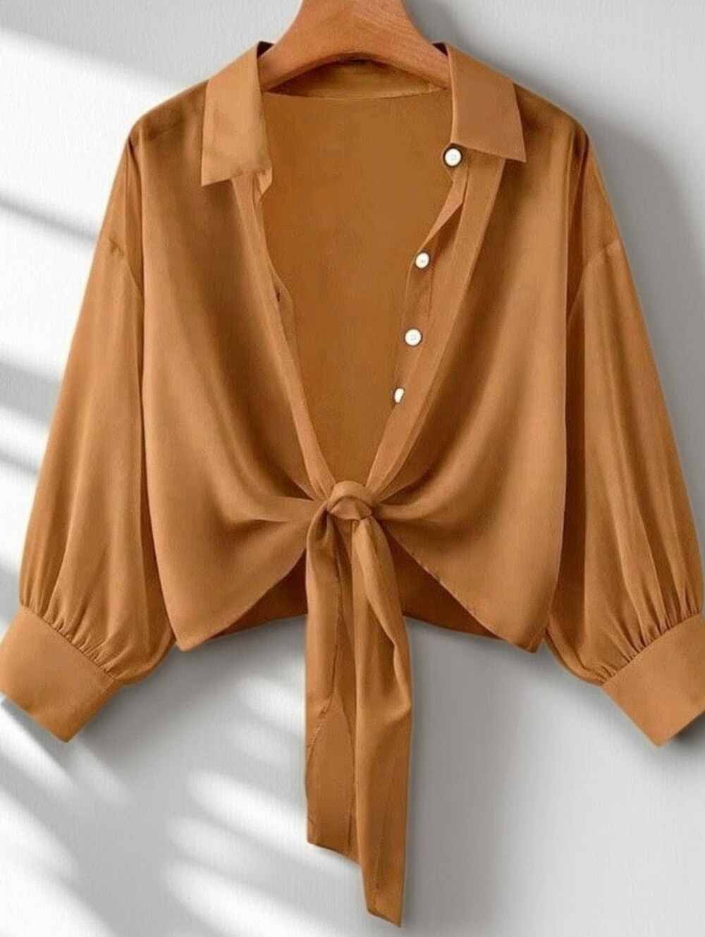 SHEIN Tie-Front Button Down Shirt  in Camel Brown - Plus 4x(22/2)
